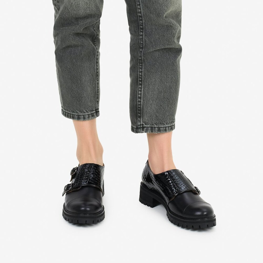 Women's Black Monk Strap Shoes, Buckle Shoes with Chunky Soles, EU 40